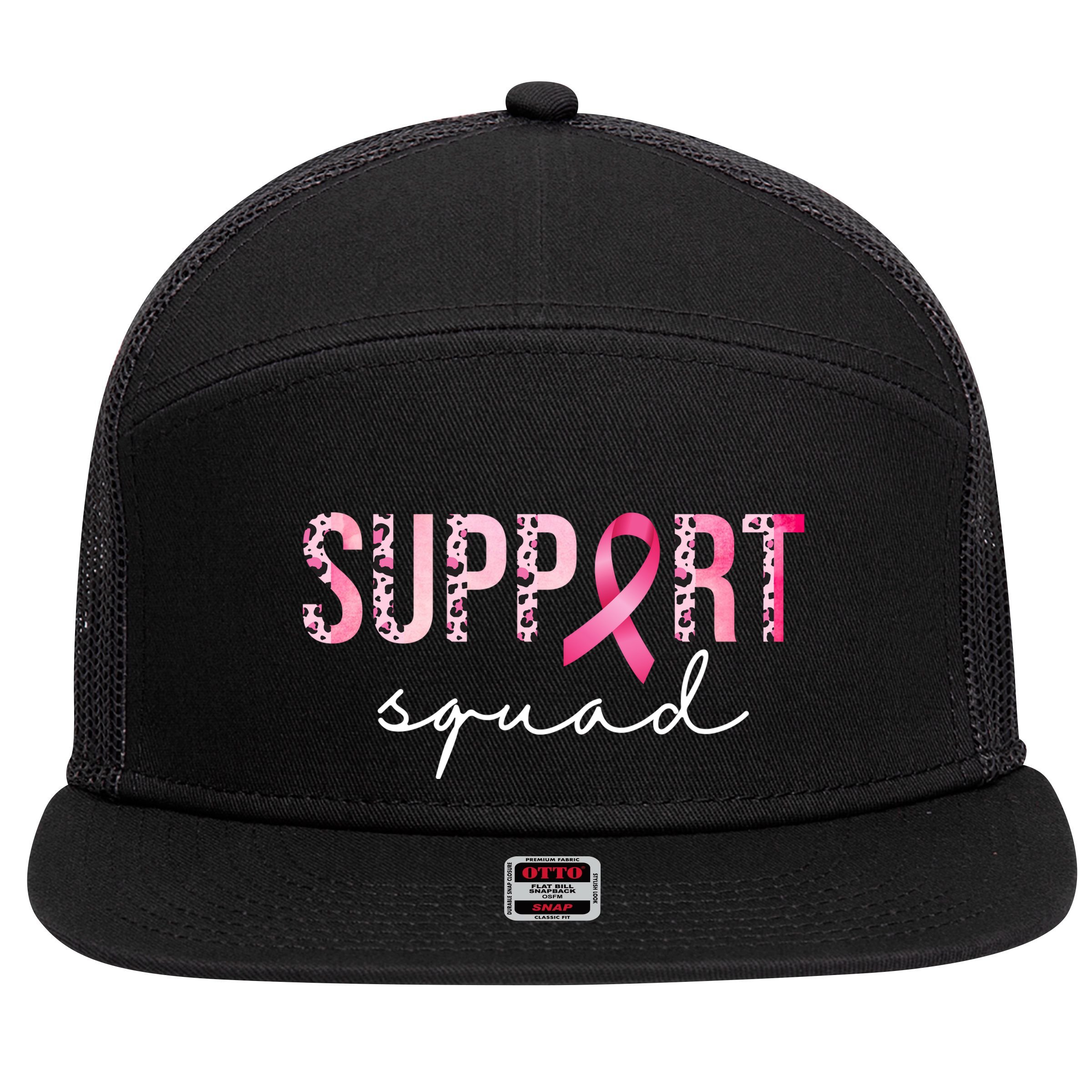 Support Squad Breast Cancer Leopard Ribbon 7 Panel Mesh Trucker Snapback Hat