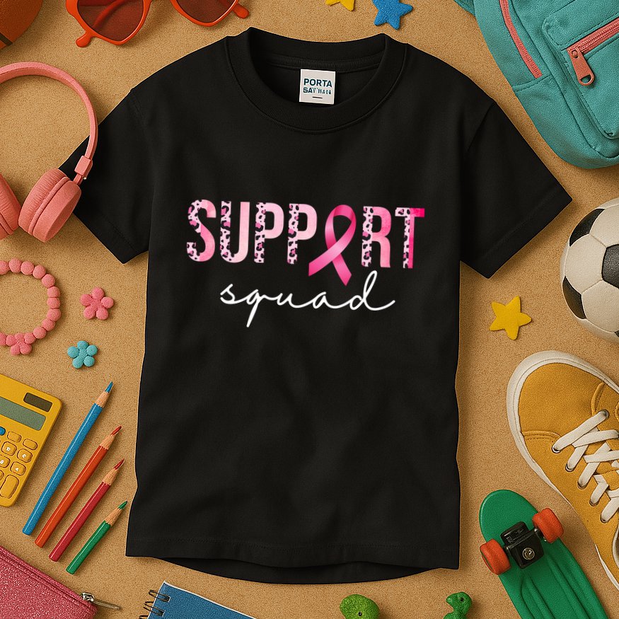 Support Squad Breast Cancer Leopard Ribbon Kids T-Shirt