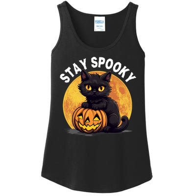 Stay Spooky Black Cat Full Moon Pumpkin Spooky Boo Cute Cat Funny Halloween Ladies Essential Tank