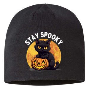 Stay Spooky Black Cat Full Moon Pumpkin Spooky Boo Cute Cat Funny Halloween Sustainable Beanie