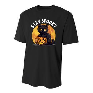 Stay Spooky Black Cat Full Moon Pumpkin Spooky Boo Cute Cat Funny Halloween Youth Performance Sprint T-Shirt