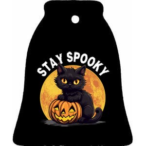 Stay Spooky Black Cat Full Moon Pumpkin Spooky Boo Cute Cat Funny Halloween Ceramic Bell Ornament