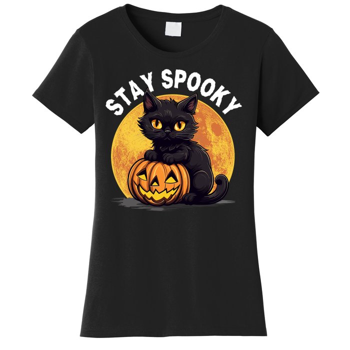 Stay Spooky Black Cat Full Moon Pumpkin Spooky Boo Cute Cat Funny Halloween Women's T-Shirt