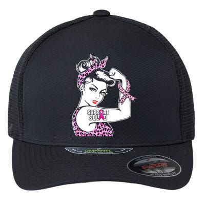 Support Squad Breast Cancer Warrior Pink Ribbon Leopard Flexfit Unipanel Trucker Cap