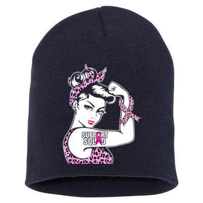 Support Squad Breast Cancer Warrior Pink Ribbon Leopard Short Acrylic Beanie