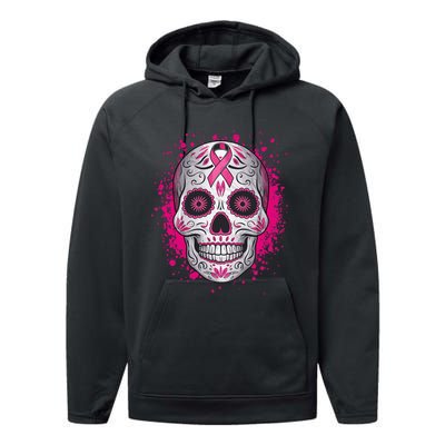 Sugar Skull Breast Cancer Shirts Awareness 2024 Performance Fleece Hoodie