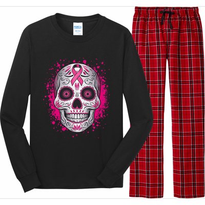 Sugar Skull Breast Cancer Shirts Awareness 2024 Long Sleeve Pajama Set