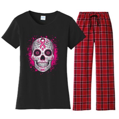 Sugar Skull Breast Cancer Shirts Awareness 2024 Women's Flannel Pajama Set