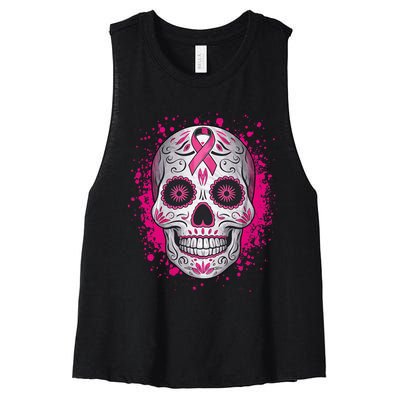 Sugar Skull Breast Cancer Shirts Awareness 2024 Women's Racerback Cropped Tank