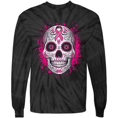 Sugar Skull Breast Cancer Shirts Awareness 2024 Tie-Dye Long Sleeve Shirt