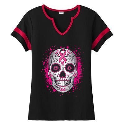 Sugar Skull Breast Cancer Awareness 2024 Ladies Halftime Notch Neck Tee