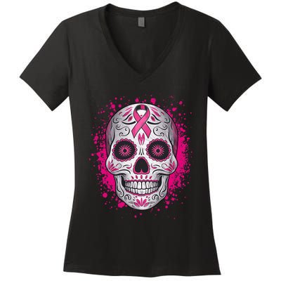 Sugar Skull Breast Cancer Awareness 2024 Women's V-Neck T-Shirt