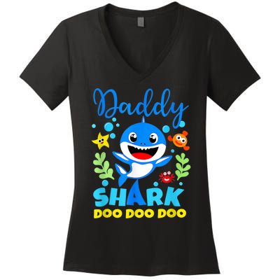 Shark Shirt Birthday  Dad  Daddy Birthday Kid Family Women's V-Neck T-Shirt