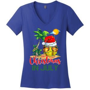 Santa Softball Ball Sunglasses Xmas Lights Christmas In July Great Gift Women's V-Neck T-Shirt