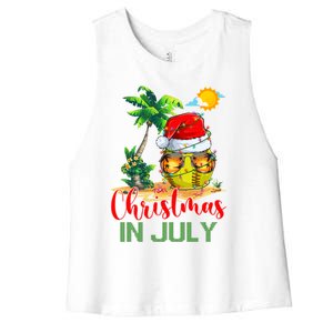 Santa Softball Ball Sunglasses Xmas Lights Christmas In July Great Gift Women's Racerback Cropped Tank