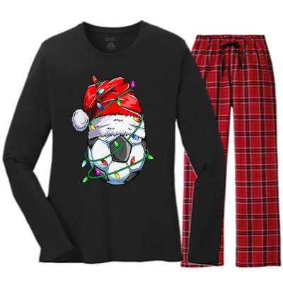 Santa Soccer Ball Sports Design Christmas Soccer Player Women's Long Sleeve Flannel Pajama Set 