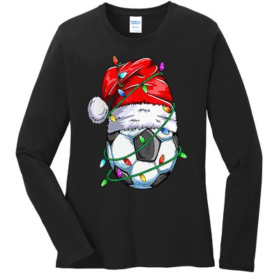 Santa Soccer Ball Sports Design Christmas Soccer Player Ladies Long Sleeve Shirt