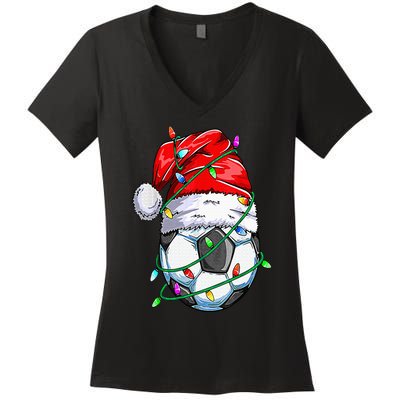 Santa Soccer Ball Sports Design Christmas Soccer Player Women's V-Neck T-Shirt