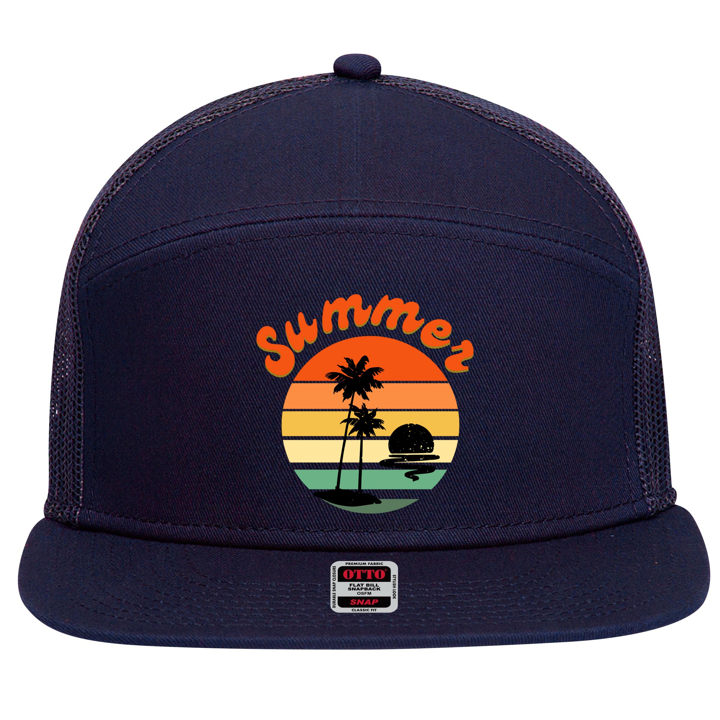 Summer Sunset Beach Retro Vacation 7 Panel Mesh Trucker Snapback Hat