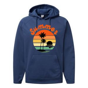 Summer Sunset Beach Retro Vacation Performance Fleece Hoodie