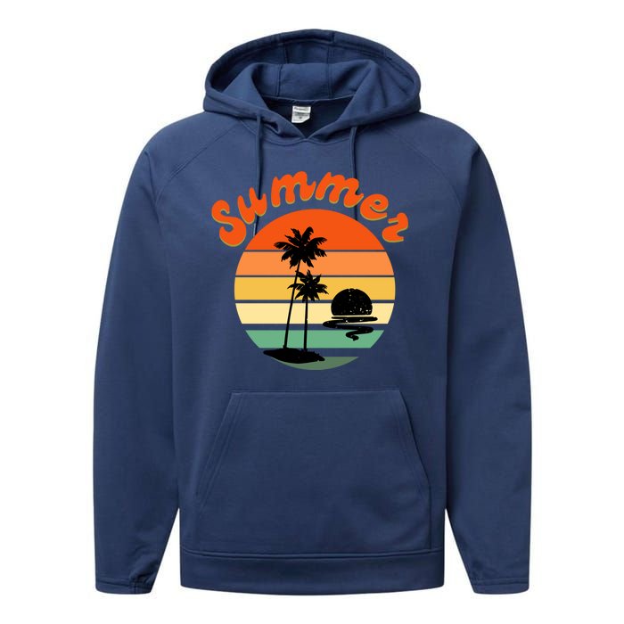 Summer Sunset Beach Retro Vacation Performance Fleece Hoodie