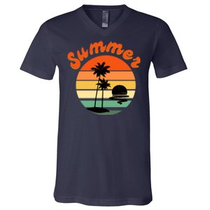 Summer Sunset Beach Retro Vacation V-Neck T-Shirt