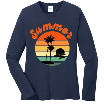Summer Sunset Beach Retro Vacation Ladies Long Sleeve Shirt