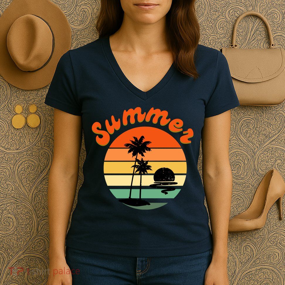 Summer Sunset Beach Retro Vacation Women's V-Neck T-Shirt