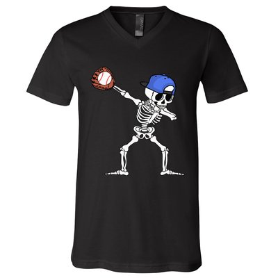 Spooky Skeleton Baseball Player Halloween Costume V-Neck T-Shirt