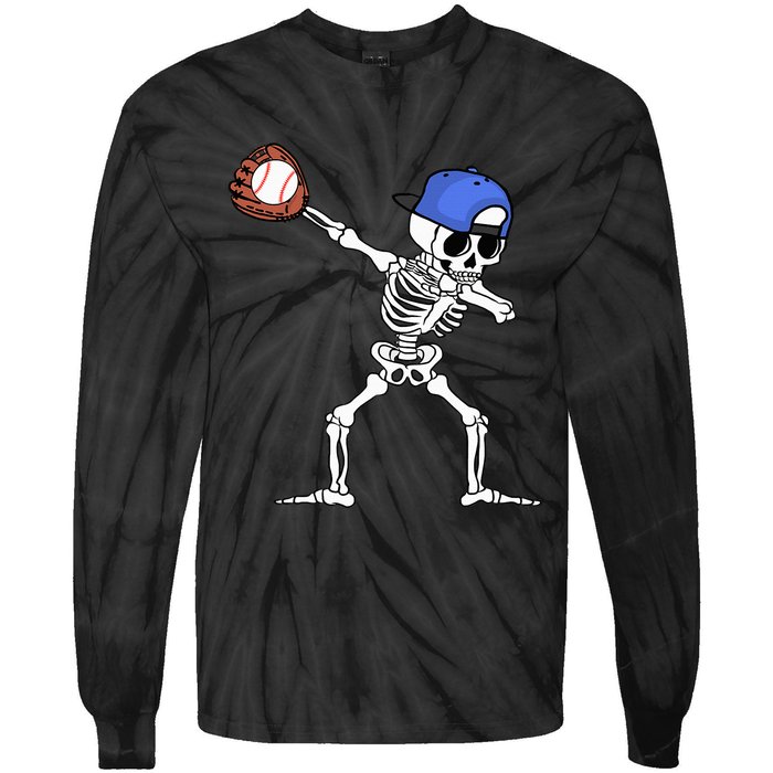 Spooky Skeleton Baseball Player Halloween Costume Tie-Dye Long Sleeve Shirt