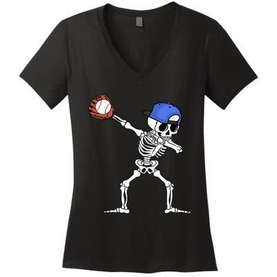 Spooky Skeleton Baseball Player Halloween Costume Women's V-Neck T-Shirt