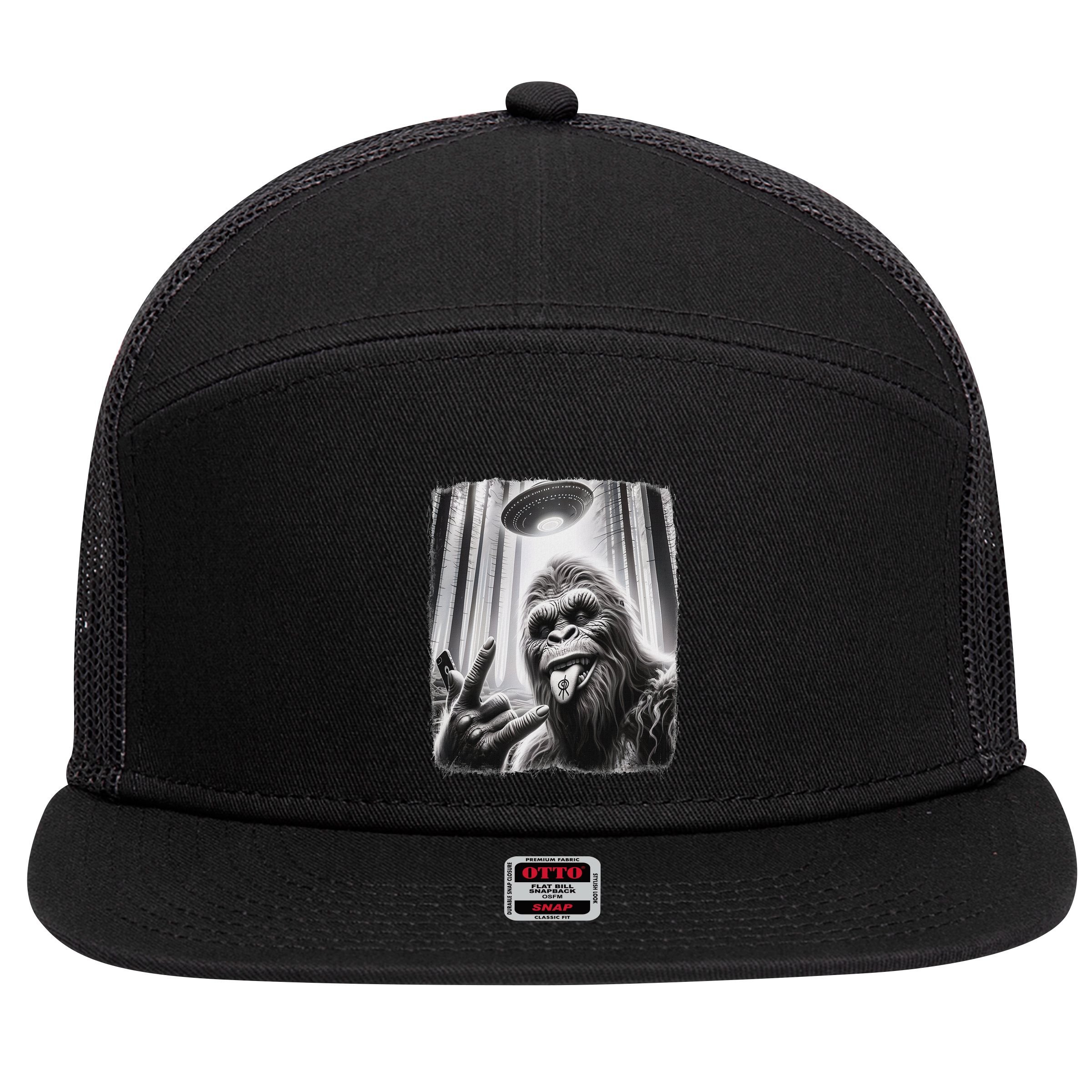 Sasquatch Selfie Big Foot Rock On Ufo Alien 7 Panel Mesh Trucker Snapback Hat