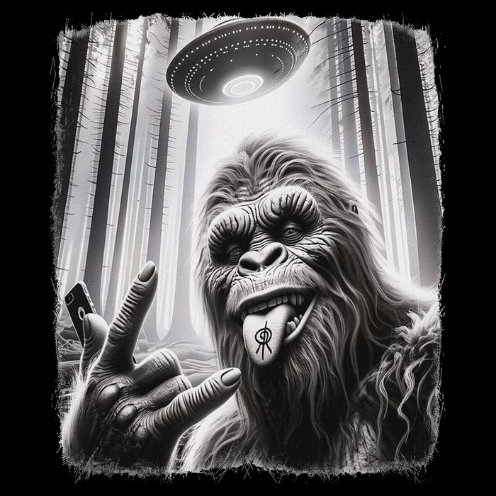 Sasquatch Selfie Big Foot Rock On Ufo Alien Flexfit Unipanel Trucker Cap
