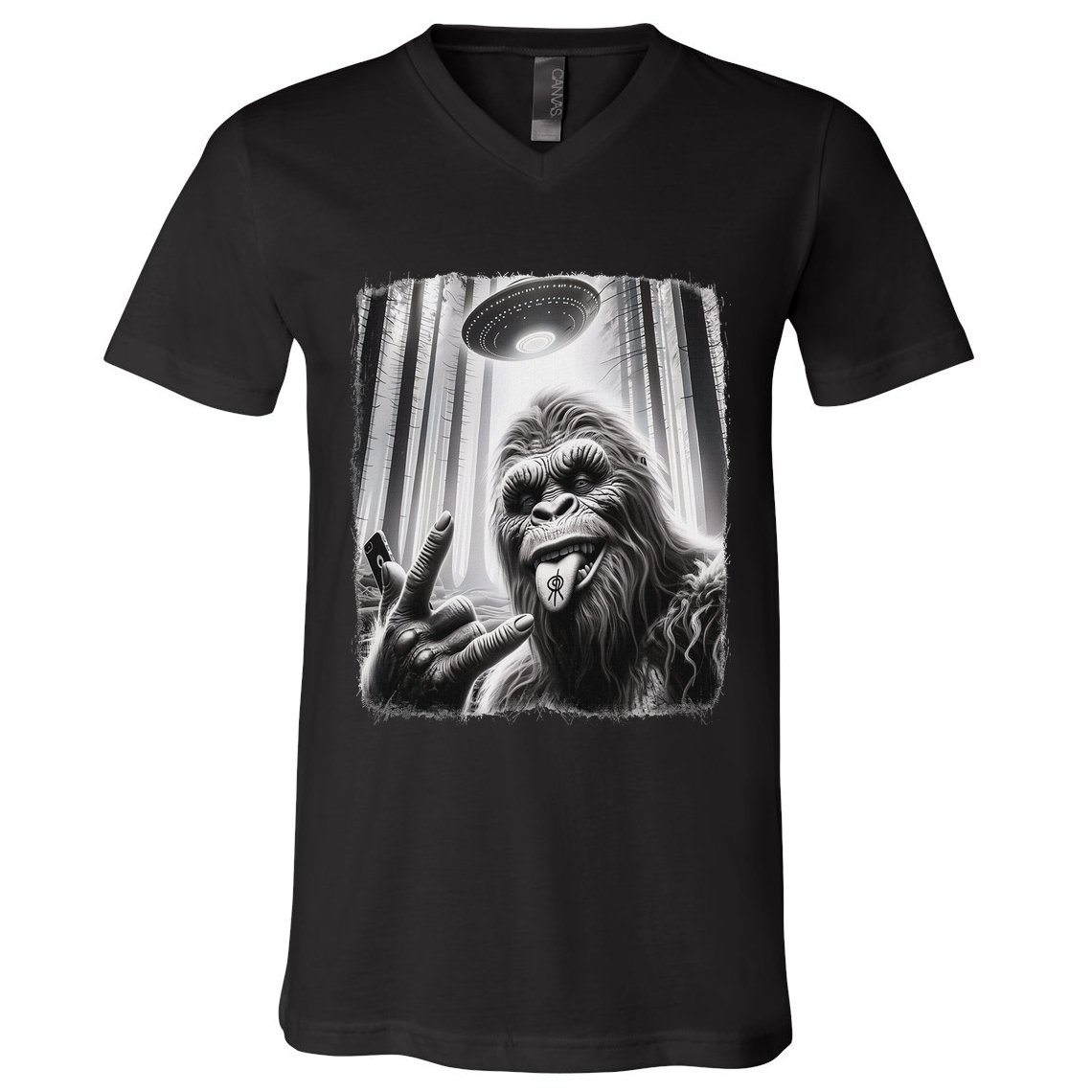 Sasquatch Selfie Big Foot Rock On Ufo Alien V-Neck T-Shirt