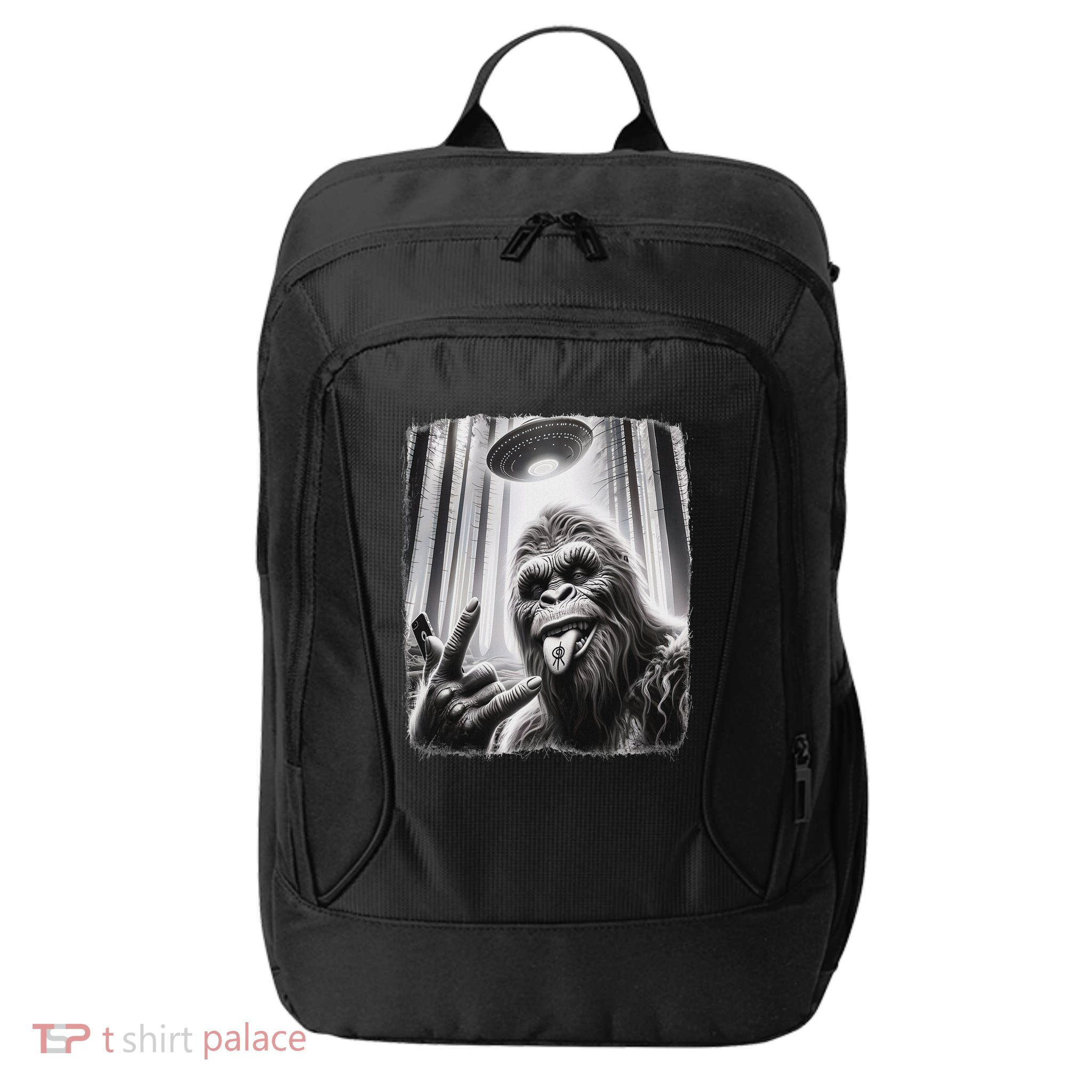 Sasquatch Selfie Big Foot Rock On Ufo Alien City Backpack