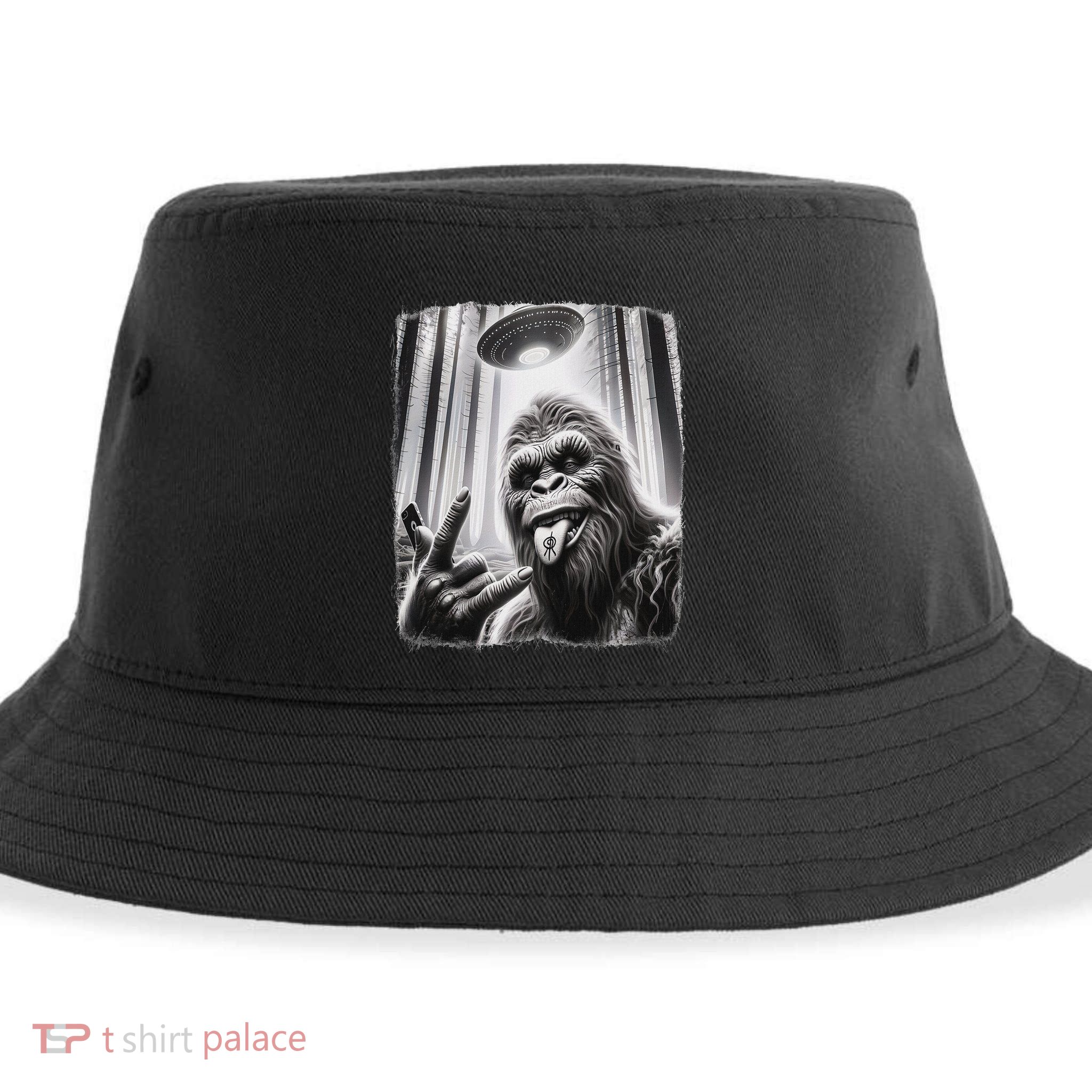 Sasquatch Selfie Big Foot Rock On Ufo Alien Sustainable Bucket Hat