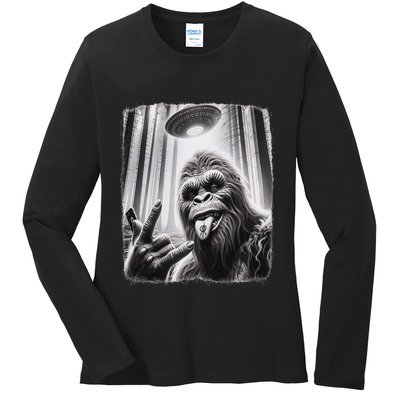 Sasquatch Selfie Big Foot Rock On Ufo Alien Ladies Long Sleeve Shirt