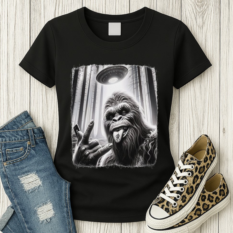 Sasquatch Selfie Big Foot Rock On Ufo Alien Womens T-Shirt