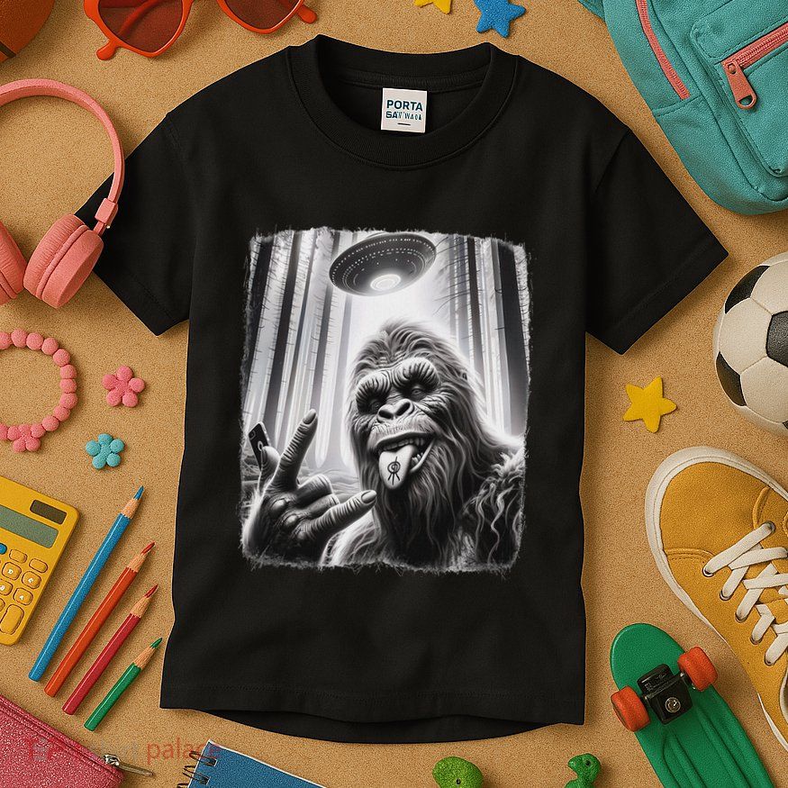 Sasquatch Selfie Big Foot Rock On Ufo Alien Kids T-Shirt