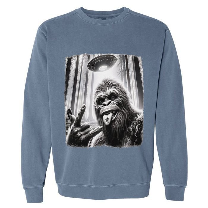 Sasquatch Selfie Big Foot Rock On Ufo Alien Garment-Dyed Sweatshirt