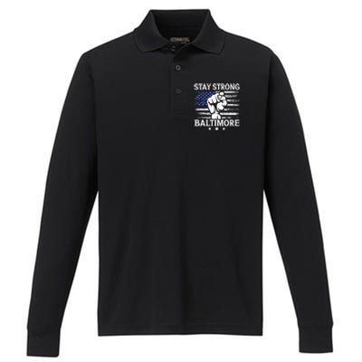 Stay Strong Baltimore White Raised Hand Fist Performance Long Sleeve Polo