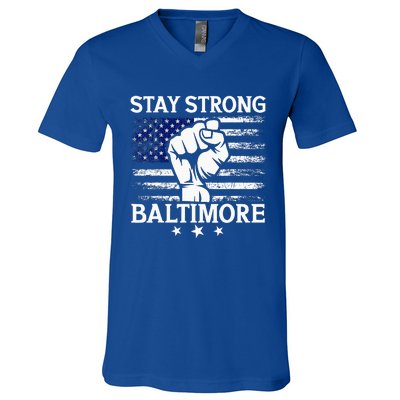 Stay Strong Baltimore White Raised Hand Fist V-Neck T-Shirt