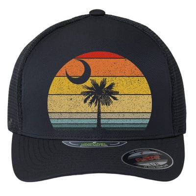 Sunset South Carolina Flag Palmetto Tree Crescent Moon Flexfit Unipanel Trucker Cap