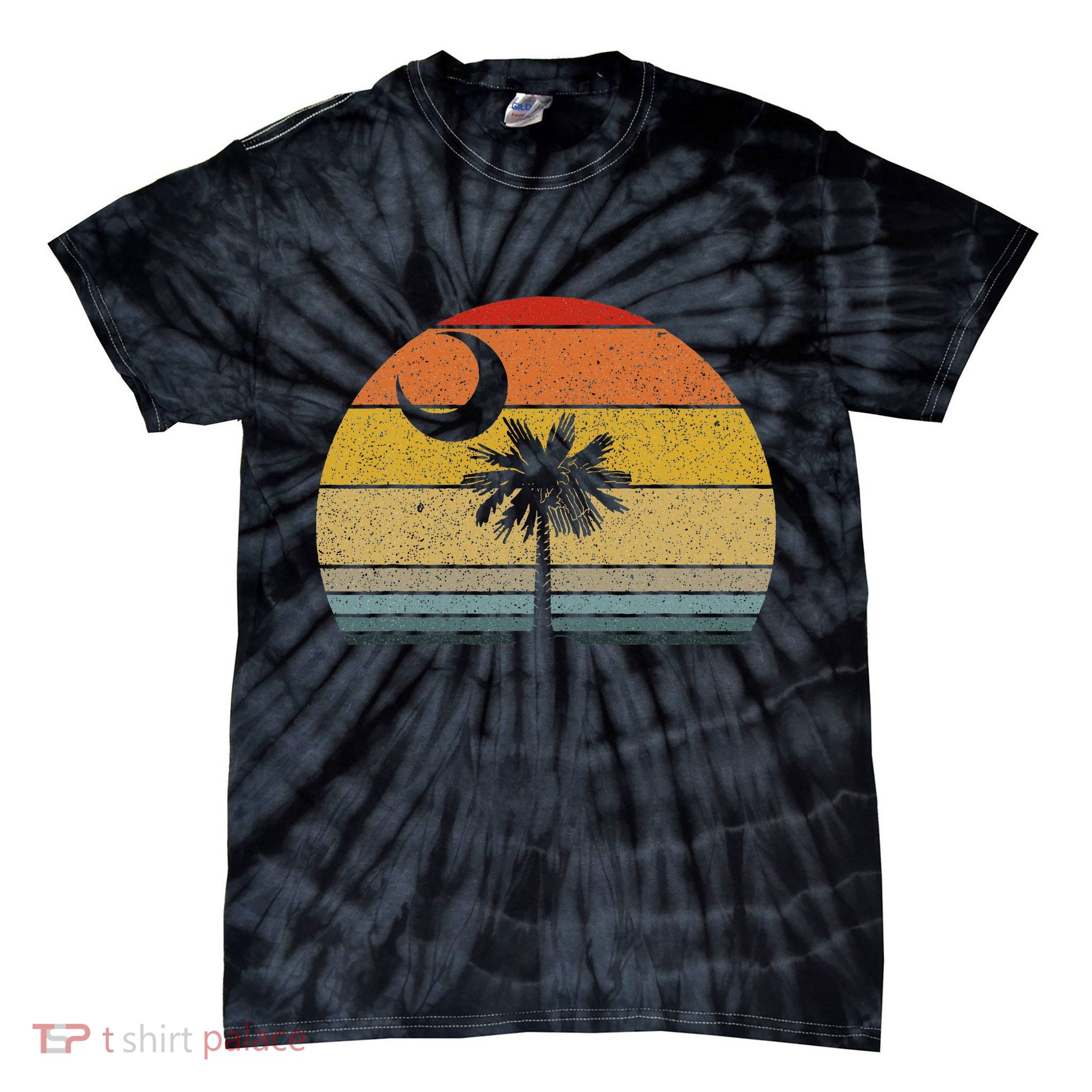 Sunset South Carolina Flag Palmetto Tree Crescent Moon Tie-Dye T-Shirt