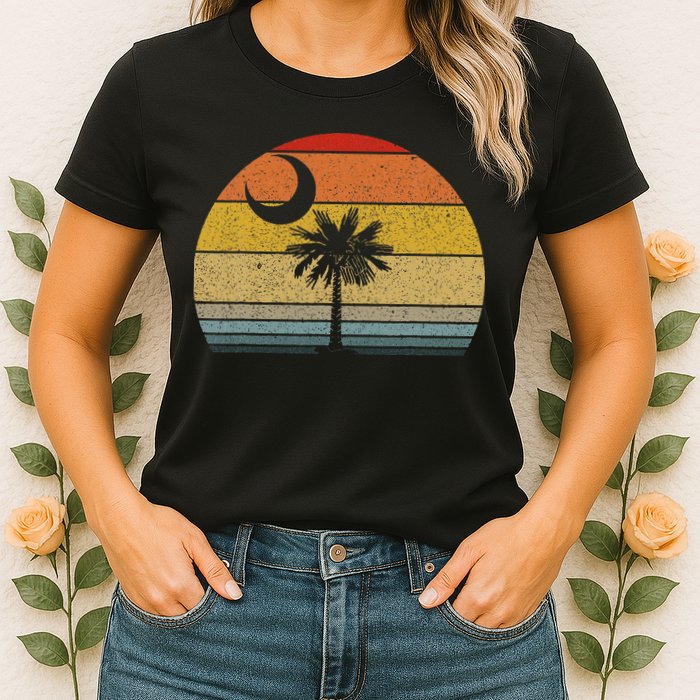Sunset South Carolina Flag Palmetto Tree Crescent Moon Womens T-Shirt