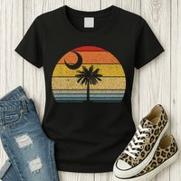 Sunset South Carolina Flag Palmetto Tree Crescent Moon Womens T-Shirt