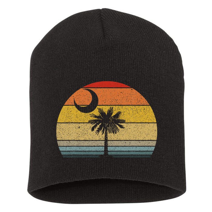 Sunset South Carolina Flag Palmetto Tree Crescent Moon Short Acrylic Beanie
