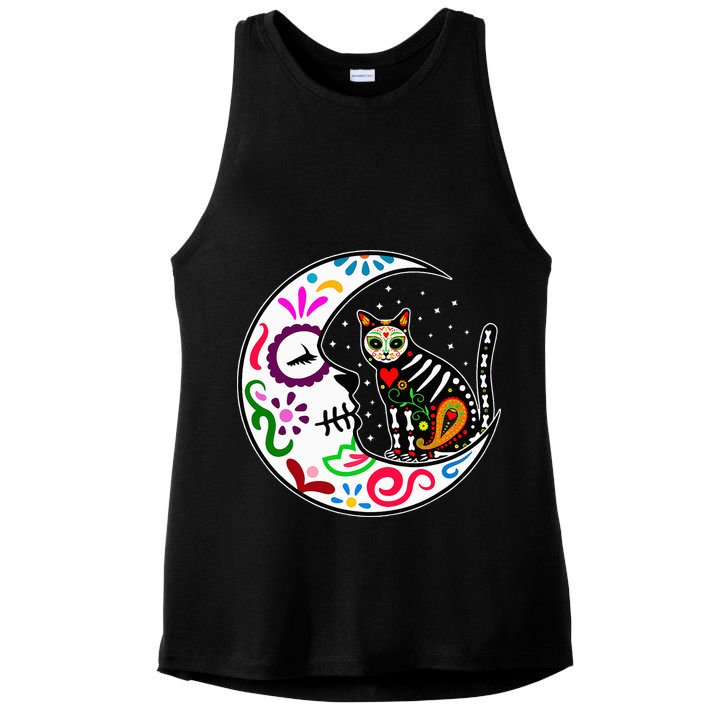 Sugar Skull Cat Moon Dia De Los Muertos Mexican Ladies PosiCharge Tri-Blend Wicking Tank