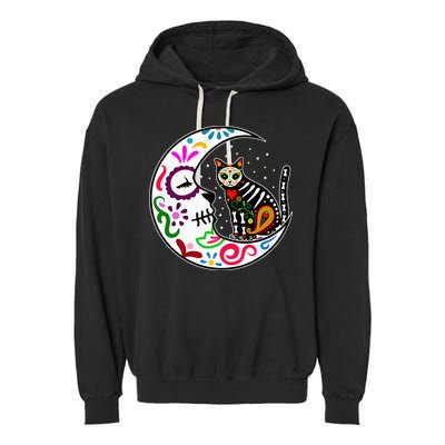 Sugar Skull Cat Moon Dia De Los Muertos Mexican Garment-Dyed Fleece Hoodie