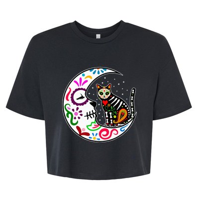 Sugar Skull Cat Moon Dia De Los Muertos Mexican Bella+Canvas Jersey Crop Tee